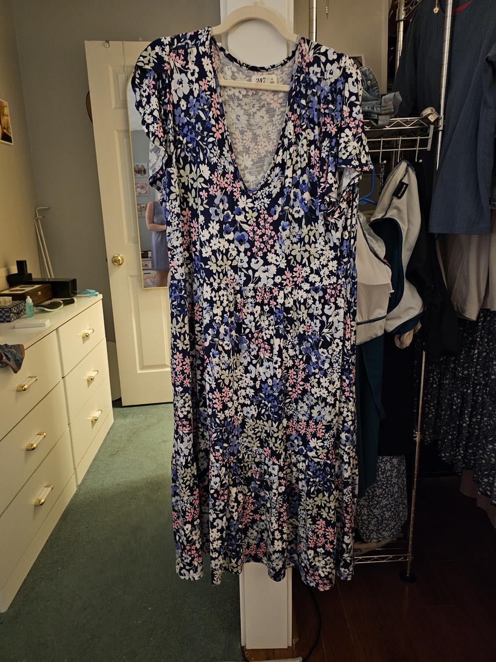 Floral V-Neck Midi Dress in Navy and Multi by